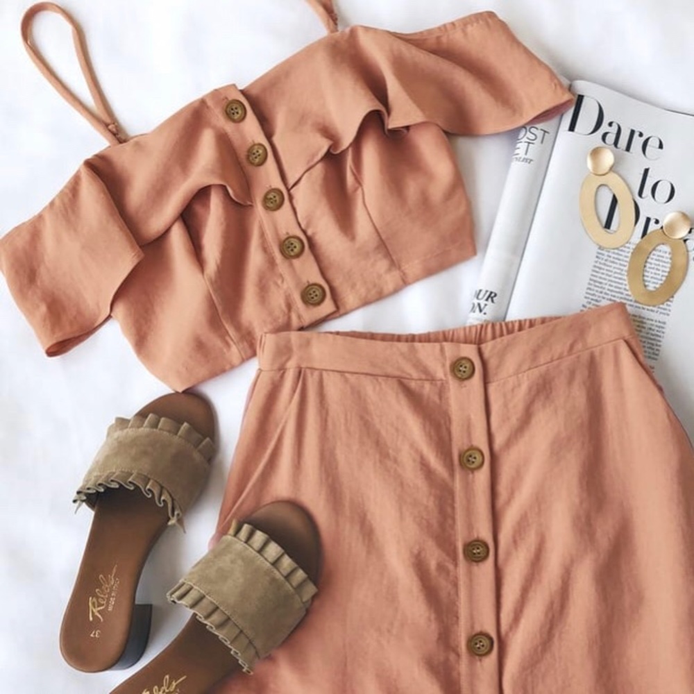 Mauve Pink OfftheShoulder ButtonUp Two-Piece Dress